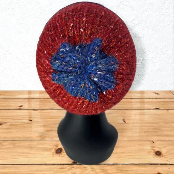 Handmade Cotton Alpaca Tweed Knit Blue Denim & Strawberry Red Unisex Beanie - Picture 6 of 10